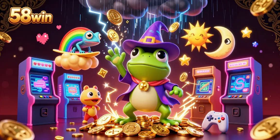 Engage with 58win's thrilling casino world amidst a vibrant storm of coins and characters.