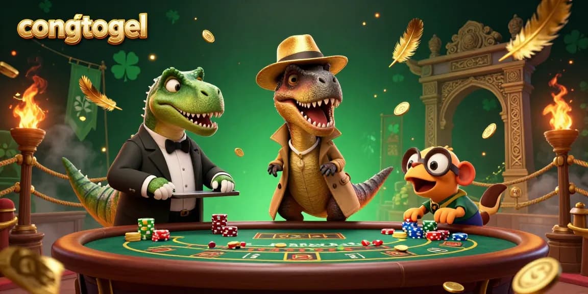 Experience the thrill of congtogel with a 3D cartoon scene of a velociraptor card counter at a blackjack table.