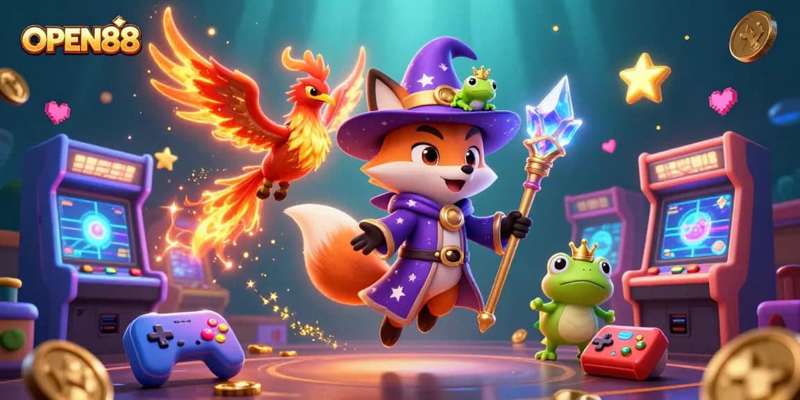 Engage in thrilling gameplay with OPEN88 featuring a wizard fox and a phoenix in a vibrant casino scene.