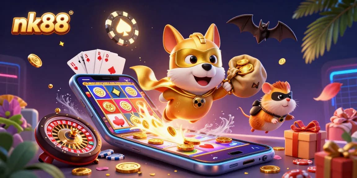 Experience thrilling wins with nk88, where a superhero dog takes flight among casino excitement and gaming treasures.