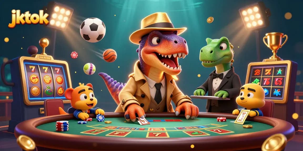 jktok beraksi di meja blackjack dengan velociraptor dan stegosaurus, memperlihatkan kesan kasino yang seru