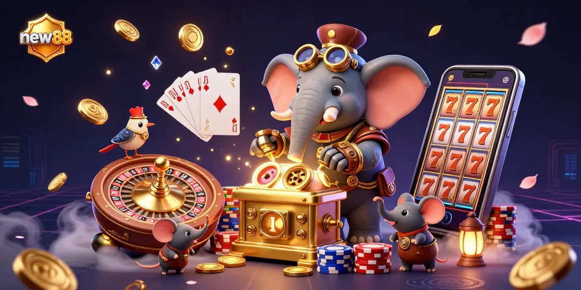 Experience winning moments at new88 with a vibrant steampunk-themed casino illustration filled with luck and excitement.
