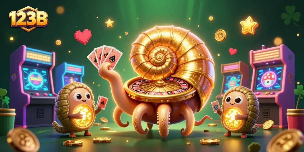 Join the excitement at 123B with a colorful 3D casino scene featuring a nautilus roulette wheel.
