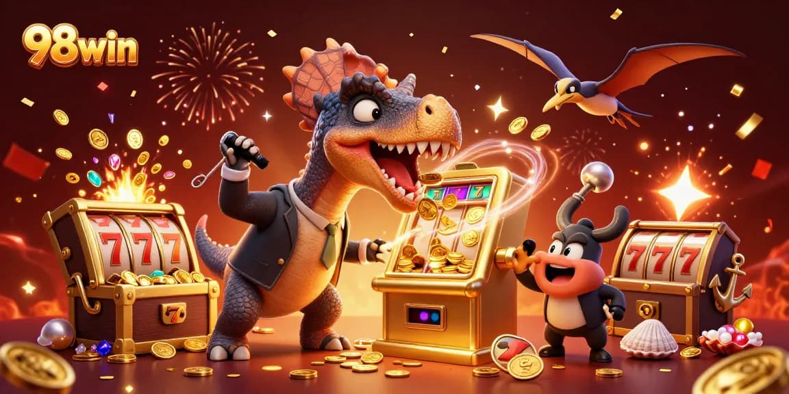 Witness 98win's thrilling jackpot as a pachycephalosaurus triggers a golden slot machine amidst chaos and flying coins.