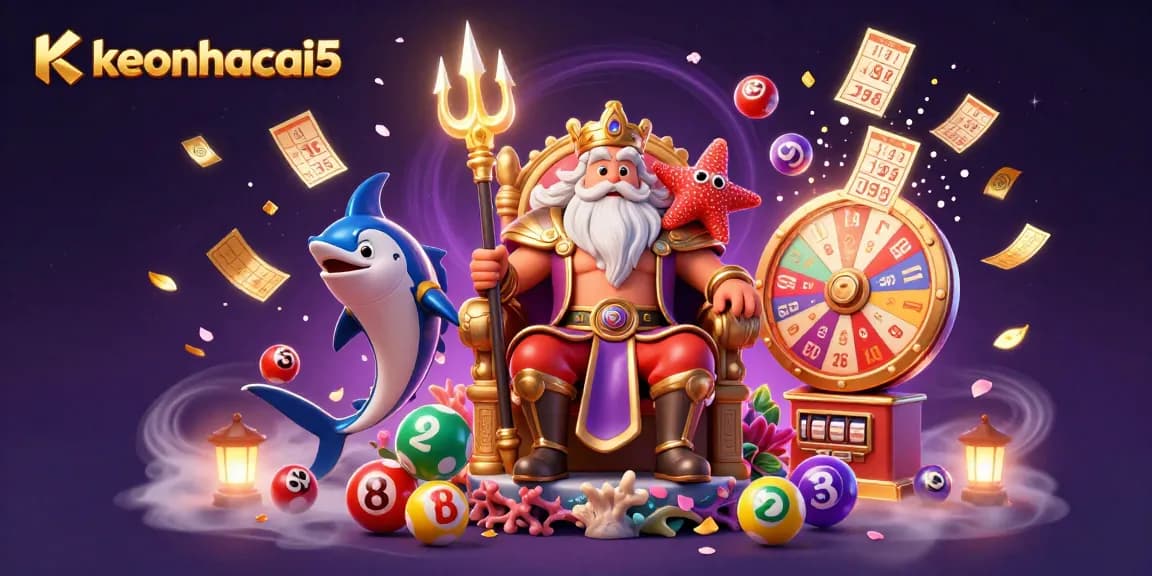 Join keonhacai5 in vibrant casino chaos with colorful lottery balls and floral elements.