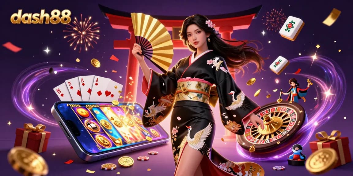 Launch your next winning spin at dash88, featuring a vibrant 3D scene of celebratory casino elements.
