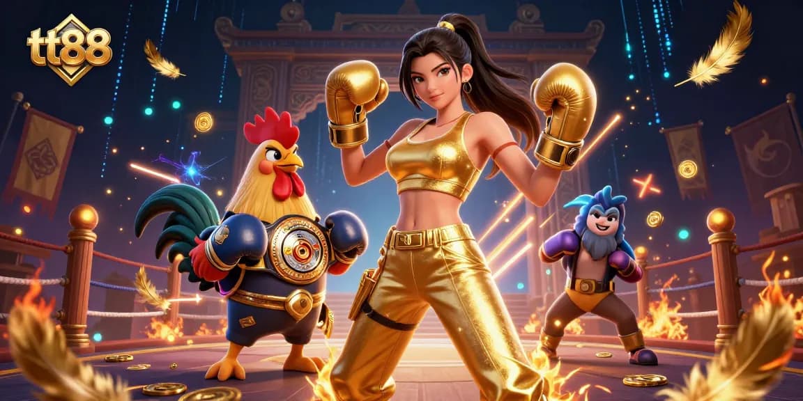 Experience thrilling action with tt88's casino games featuring a champion boxer and rooster amidst golden elements.