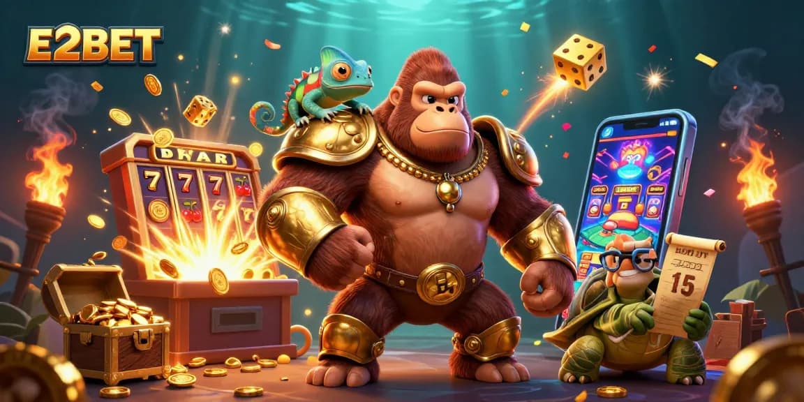 Experience thrilling gaming at E2BET with vibrant cartoon characters and exciting slot elements.