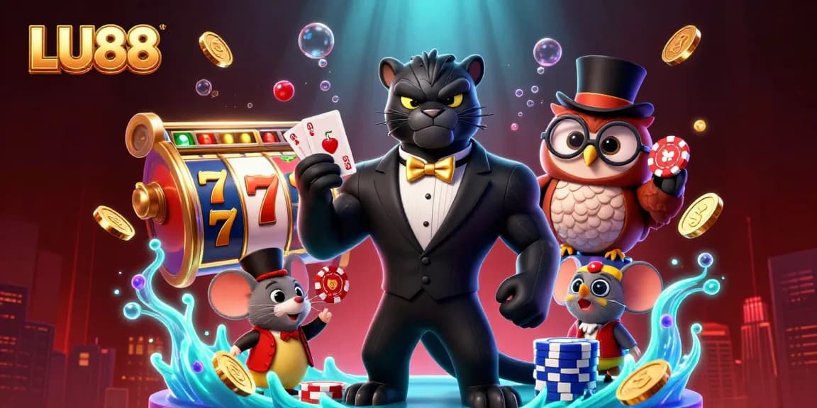 LU88 showcases a stylish panther dealing cards surrounded by vibrant slot game elements.
