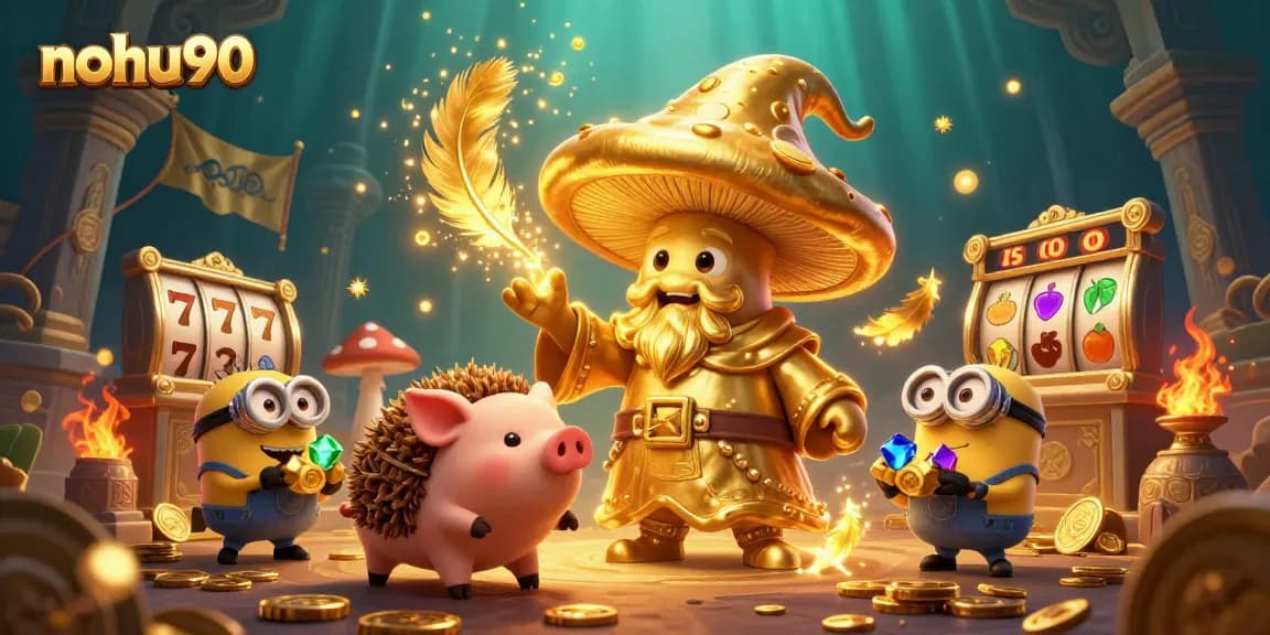 Spin the reels at nohu90, featuring a golden mushroom wizard and treasures in a magical casino scene.