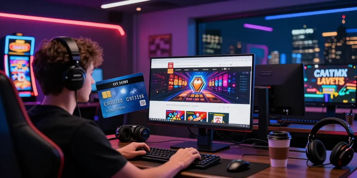 Exciting scene of a player using credit card casinos online at a stylish gaming setup.