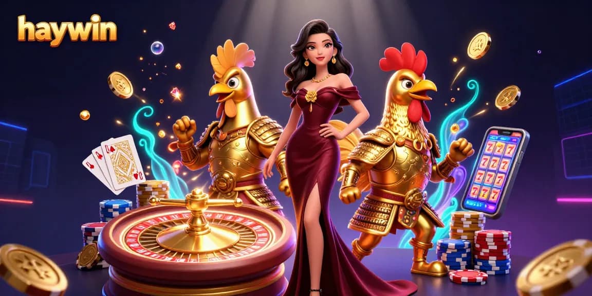 Experience excitement at haywin with a glamorous scene of a woman and golden warrior amidst casino elements.