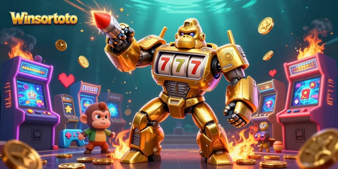 Menangkan permainan di winsortoto dengan gorila emas 3D mecha dan mesin slot terpencar.
