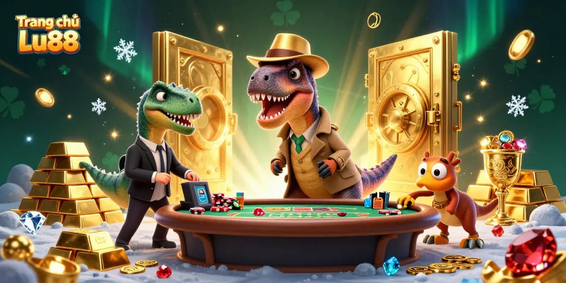Fight for fortune at Trang chủ Lu88, where a velociraptor card counter and stegosaurus pit boss clash!