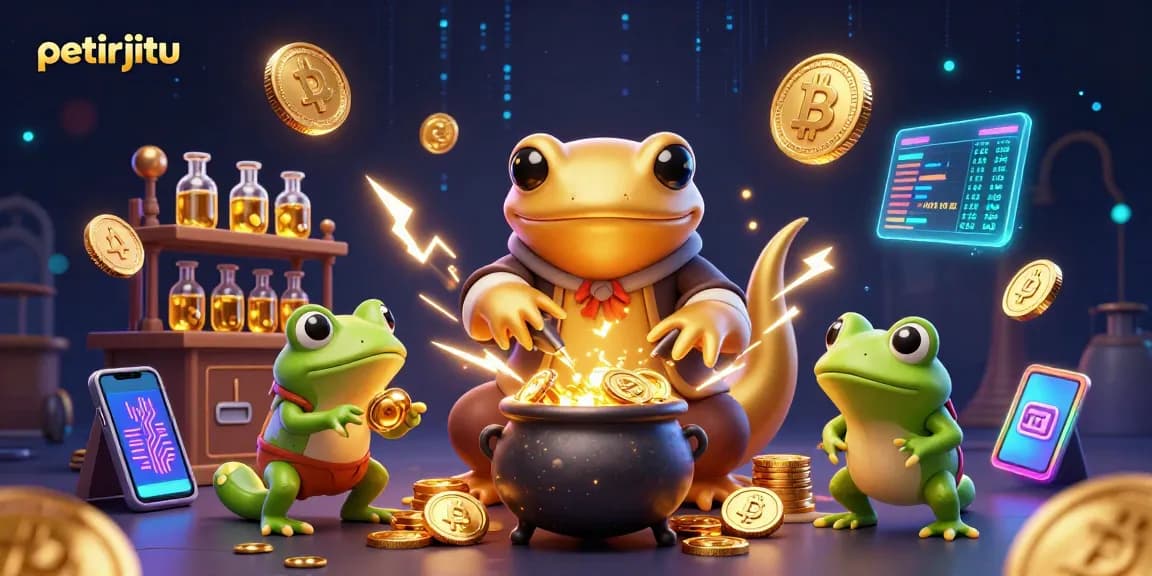 Petirjitu menyajikan ilustrasi kasino dengan karakter alkimia dan mata uang kripto berkilau.