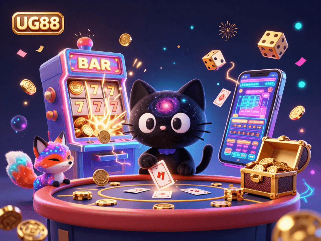 Experience the excitement with UG88 at a cosmic casino table featuring a black hole cat and lottery elements.
