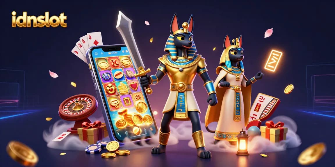 Engage with idnslot gaming excitement featuring Anubis, Bastet, and glowing hieroglyphs.