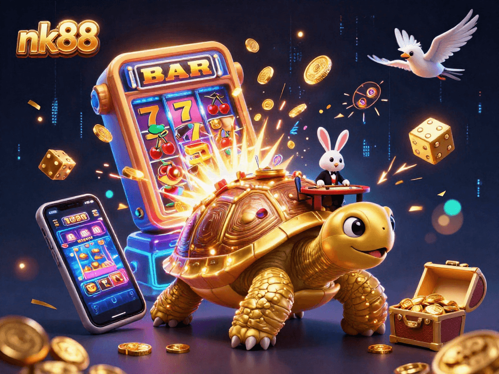 Experience excitement at nk88 with a vibrant 3D casino scene featuring a tortoise and a rabbit dealer.