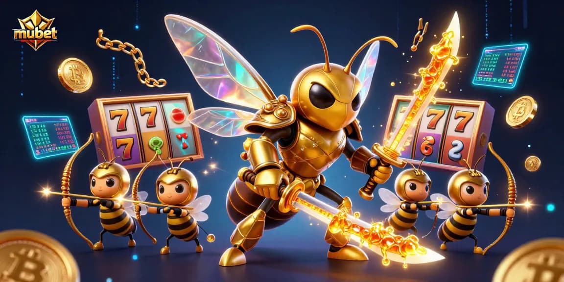 Spin the reels at mubet with dynamic illustrations of a samurai hornet and gold coins.