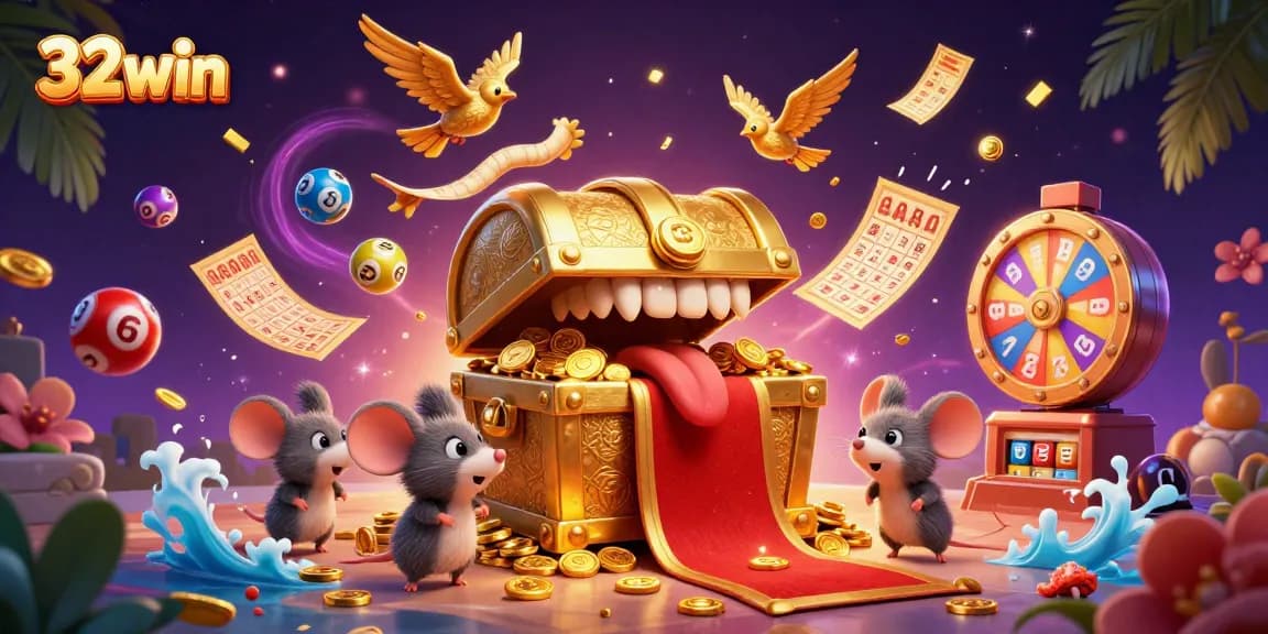 Engage with thrilling gaming opportunities at 32win, featuring vibrant lottery elements and a dazzling treasure scene.