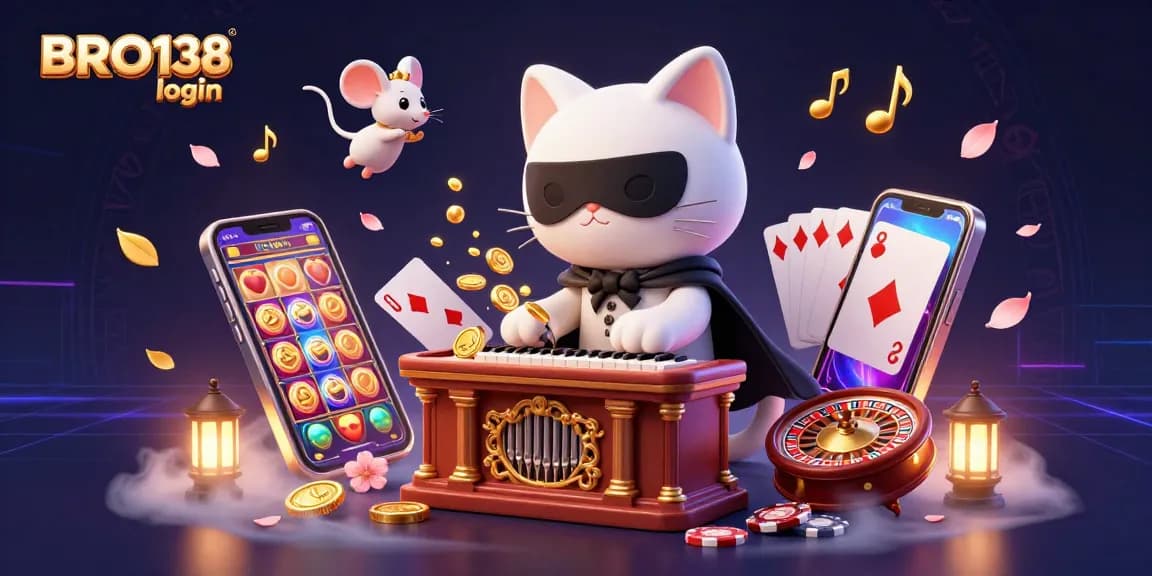 Engage with exciting slot games at BRO138 login, featuring a dynamic casino scene with playful characters and golden rewards.