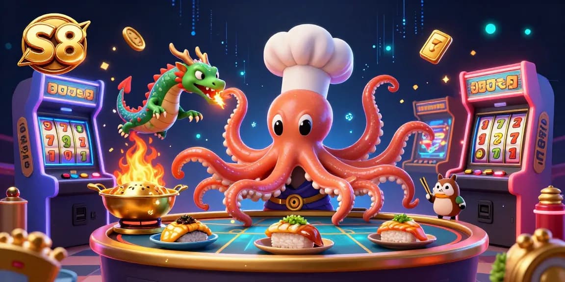 Engage in thrilling gambling adventures with S8, featuring vibrant characters and golden casino elements.