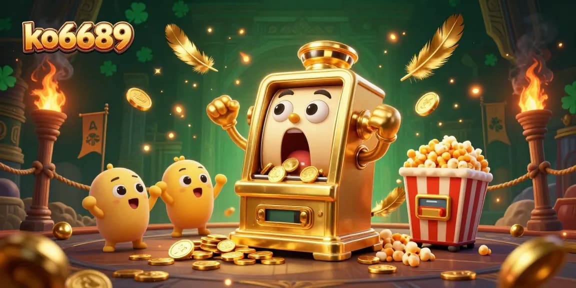 Engage with ko6689's vibrant jackpot scene featuring a golden slot machine amidst casino excitement.