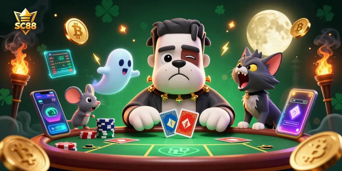 SC88 showcases a lively poker scene with a Frankenstein bulldog, ghost mouse, and werewolf kitten.