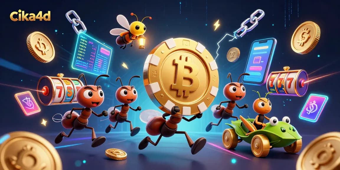 Experience the thrill of cika4d with ants heisting a golden poker chip amidst vibrant casino elements.