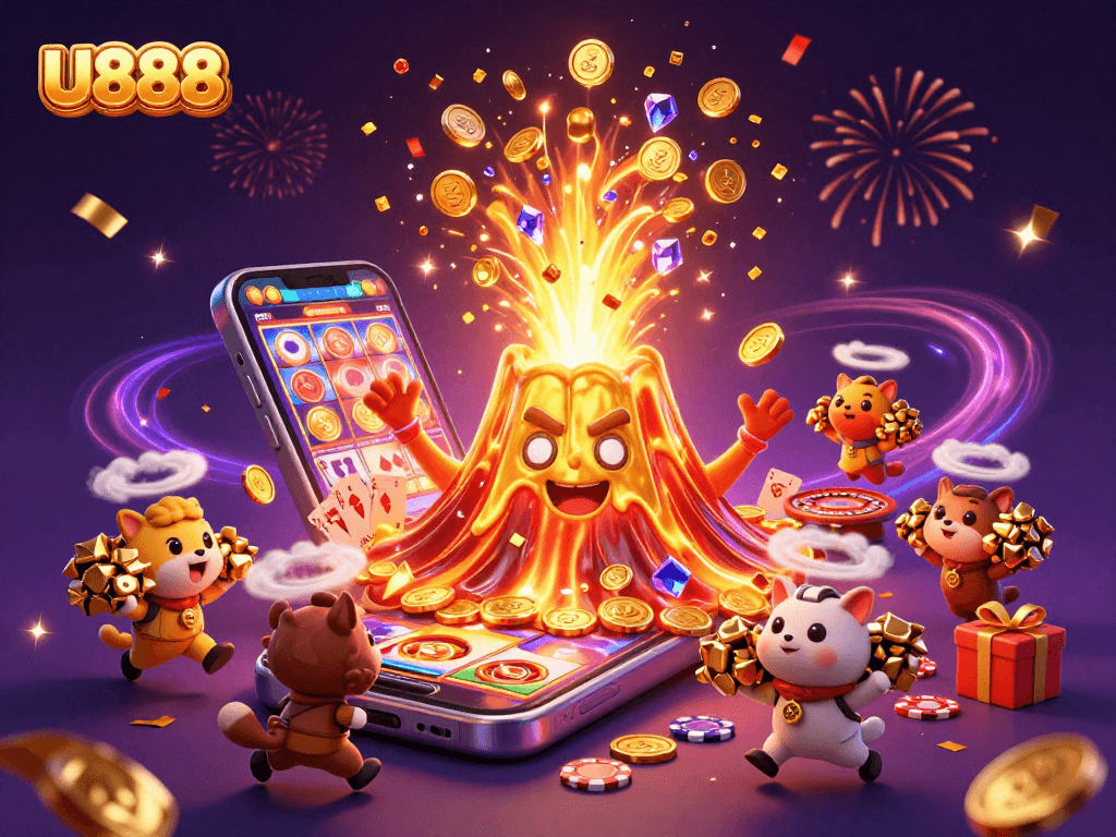 Experience thrilling gaming with U888's vibrant casino-themed 3D illustration.