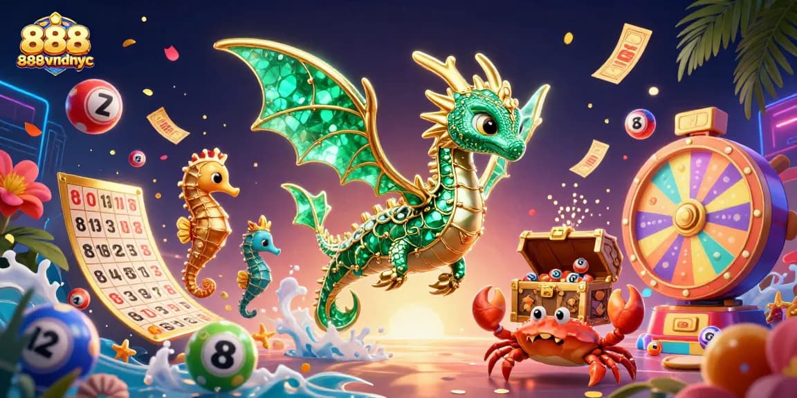 Win big with 888vndnyc's vibrant gaming scene featuring a majestic sea dragon and dynamic elements.