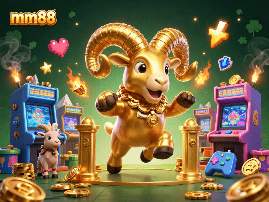 Experience gaming excitement at mm88 with a golden ram charging through a vibrant casino scene