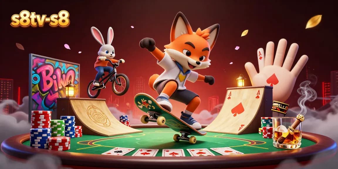 S8TV-s8 showcases a dynamic 3D scene with a skateboarder fox and BMX rabbit among colorful casino elements