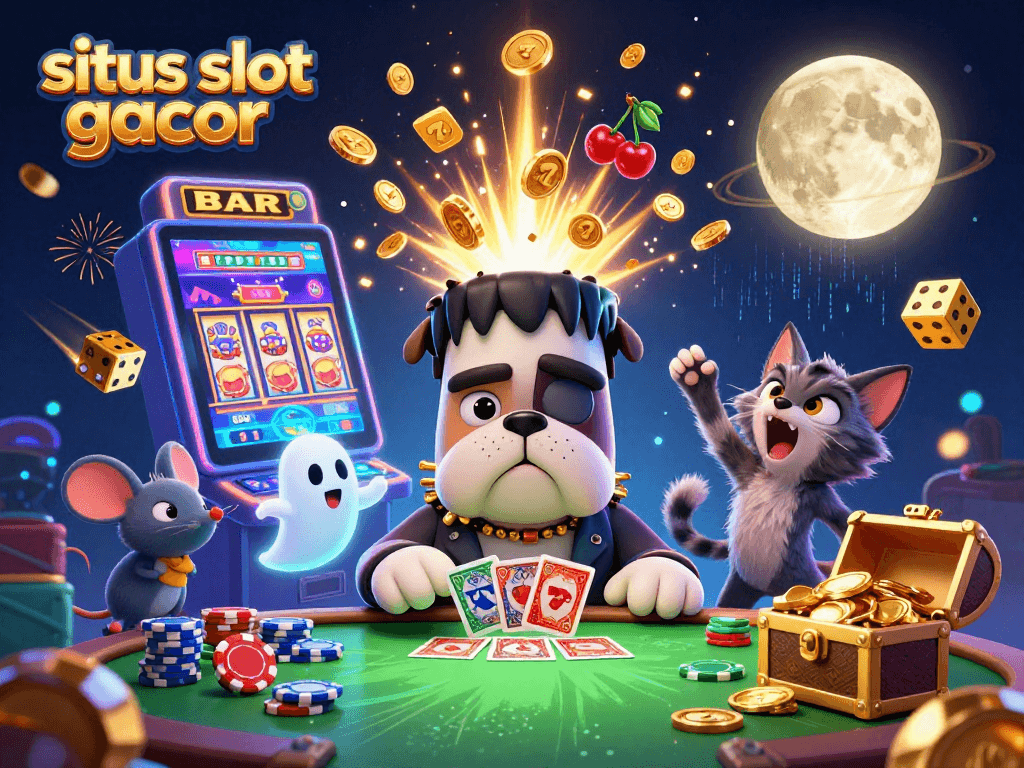 Engage with situs slot gacor in a vibrant 3D casino scene featuring a Frankenstein bulldog and more!