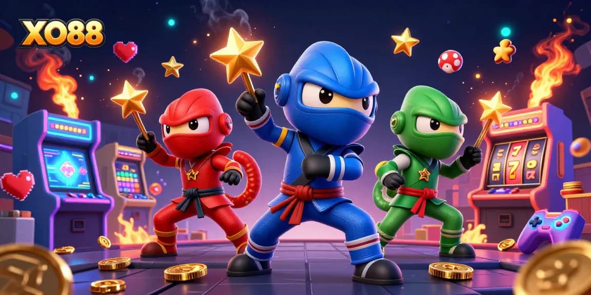 Experience thrilling gameplay with XO88's chameleon ninjas battling vibrant arcade elements.