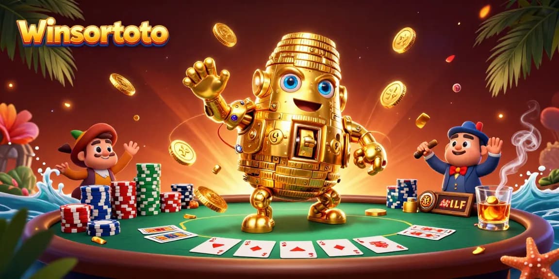 Spin the reels of winsortoto with a captivating 3D golem amidst colorful poker elements.