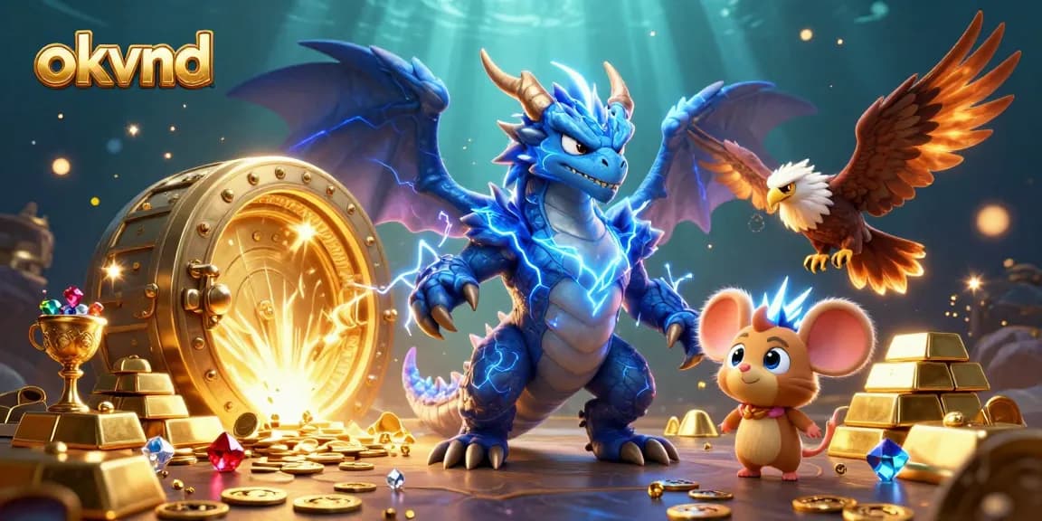 Experience thrilling gaming with okvnd's rich scene featuring a thunder dragon and luminous treasures.