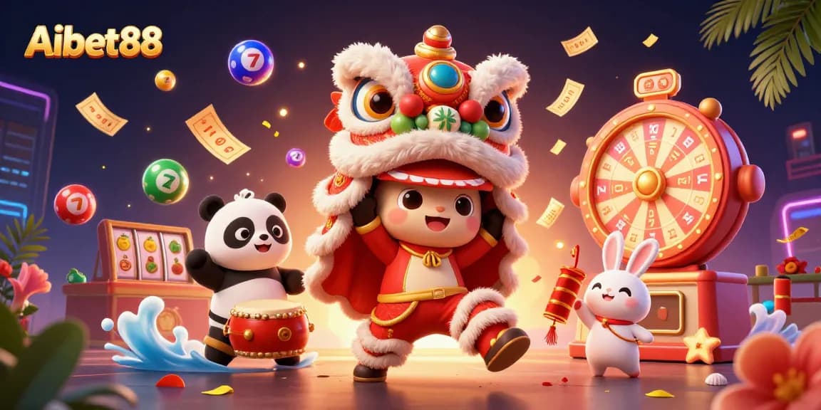 Aibet88 showcases a vibrant scene with a lion dance, drumming panda, and colorful lottery elements.