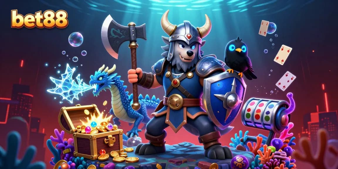 Spin the bet88 reels; Viking warrior courageously leading the charge in a vibrant casino treasure hunt.