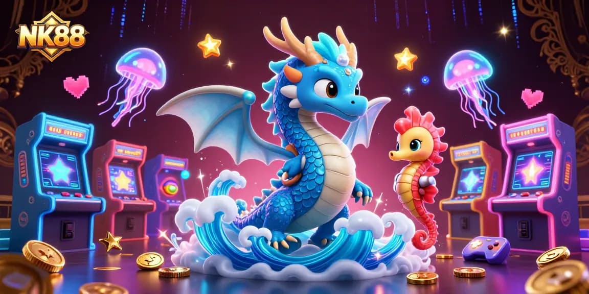 Engage in thrilling gameplay at NK88 with dynamic visuals featuring a majestic azure dragon and vibrant casino elements.