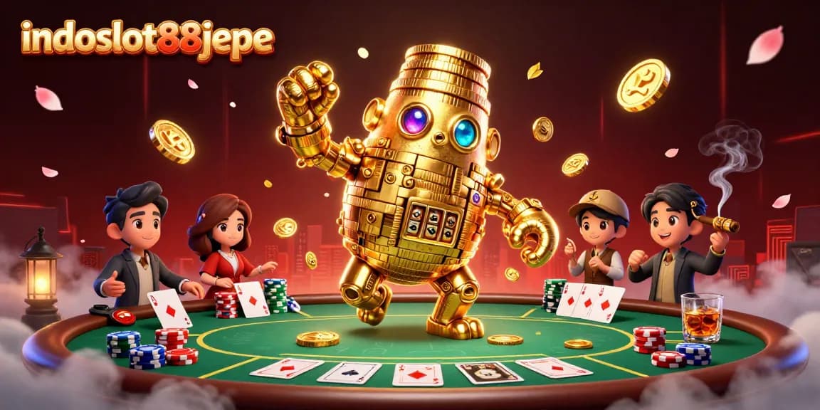 Engage with indoslot88jepe featuring a golden golem amidst poker action and vibrant casino elements.