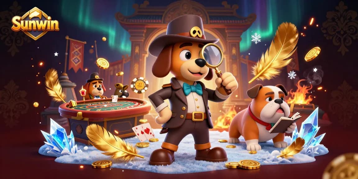 Sunwin players examine winning strategies with festive casino elements in a vibrant scene.