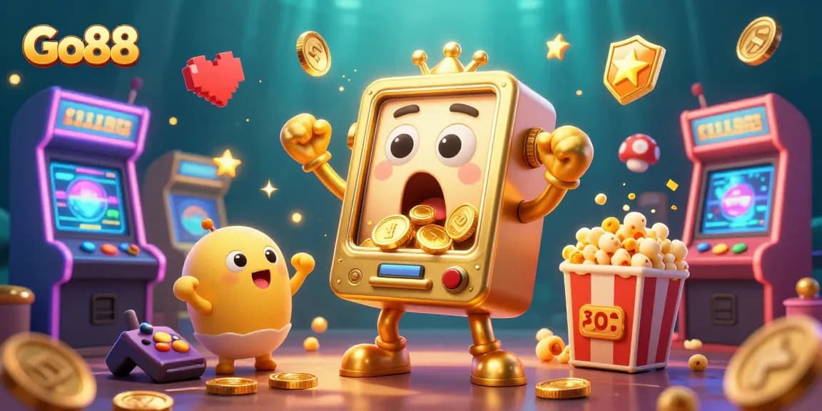 Experience the thrill of Go88 as the cartoon golden slot machine celebrates its jackpot, surrounded by vibrant gaming elements.