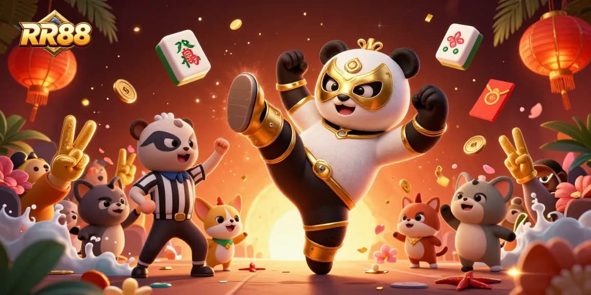 Experience thrilling gameplay at RR88 with a 3D cartoon panda wrestler and vibrant casino elements.