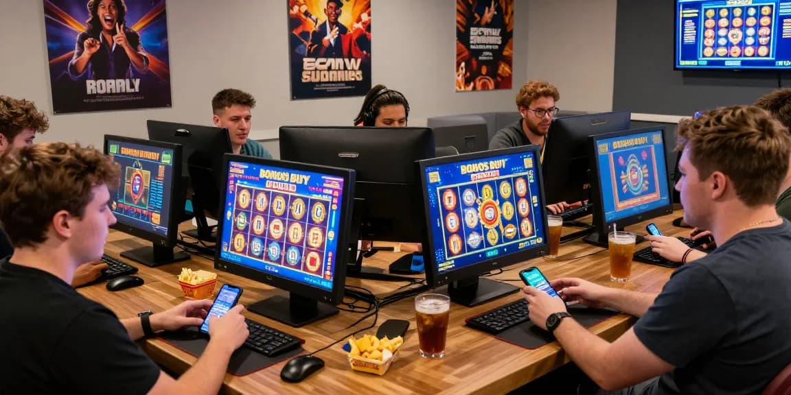 Exciting players enjoying Bonus Buy slots at https://bbsfieldguide.org.uk/ in vibrant gaming lounge