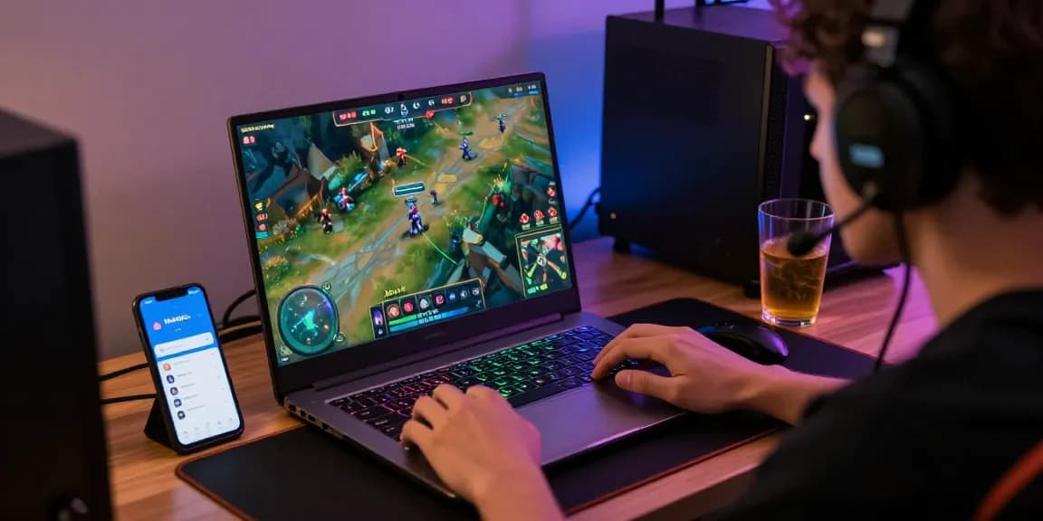 Engaged gamer using Mahajitu platform, surrounded by vibrant gaming graphics and equipment.