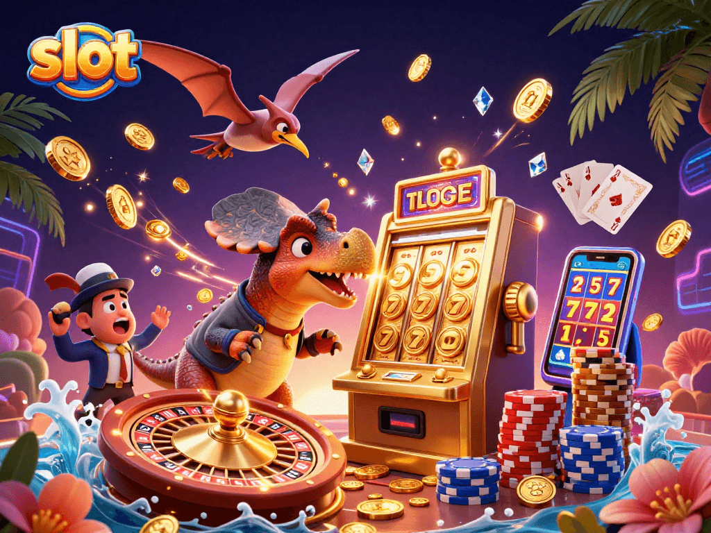 Permainan slot menampilkan jackpot koin berhamburan saat kepala pachycephalosaurus menyerang mesin slot emas.