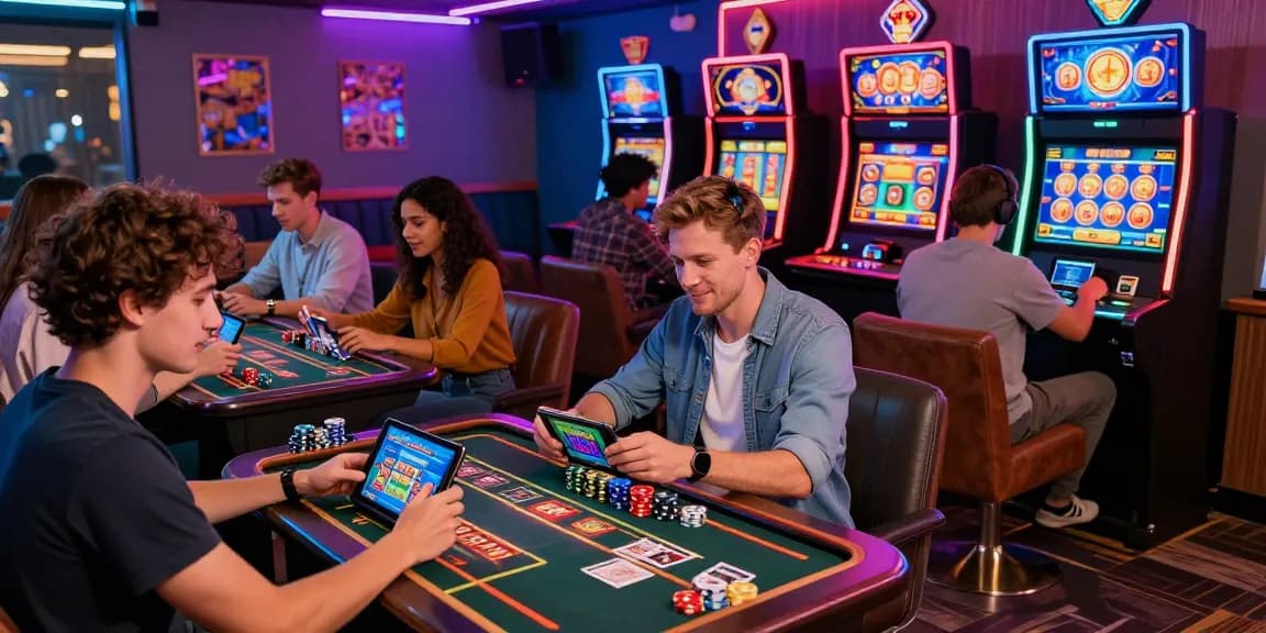 Diverse group playing casino games on Android, showcasing an exciting APK download experience.