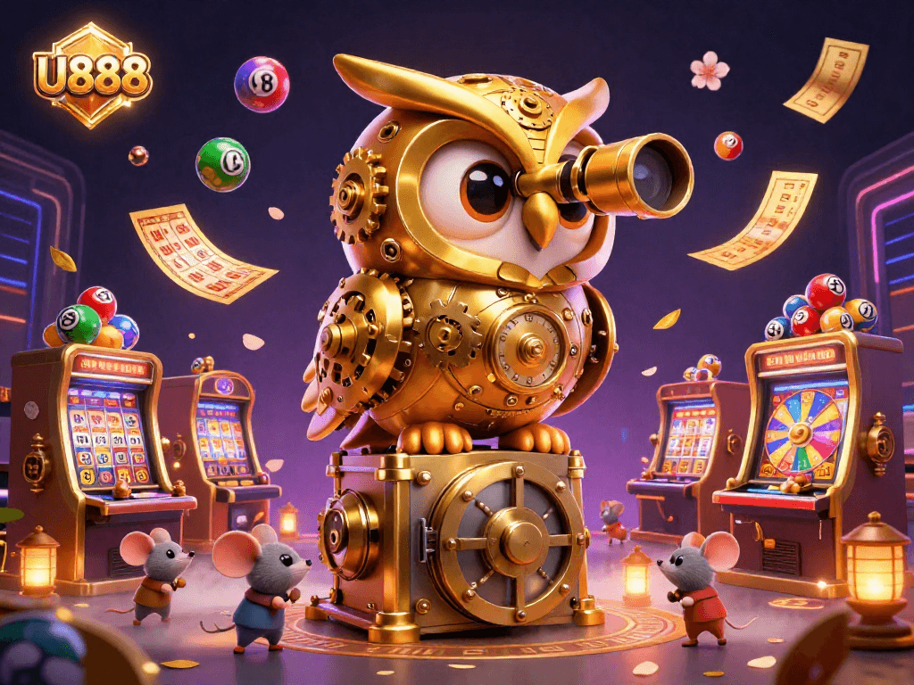 Engaging U888 scene featuring a golden owl surveying a lively casino, complemented by colorful lottery balls.