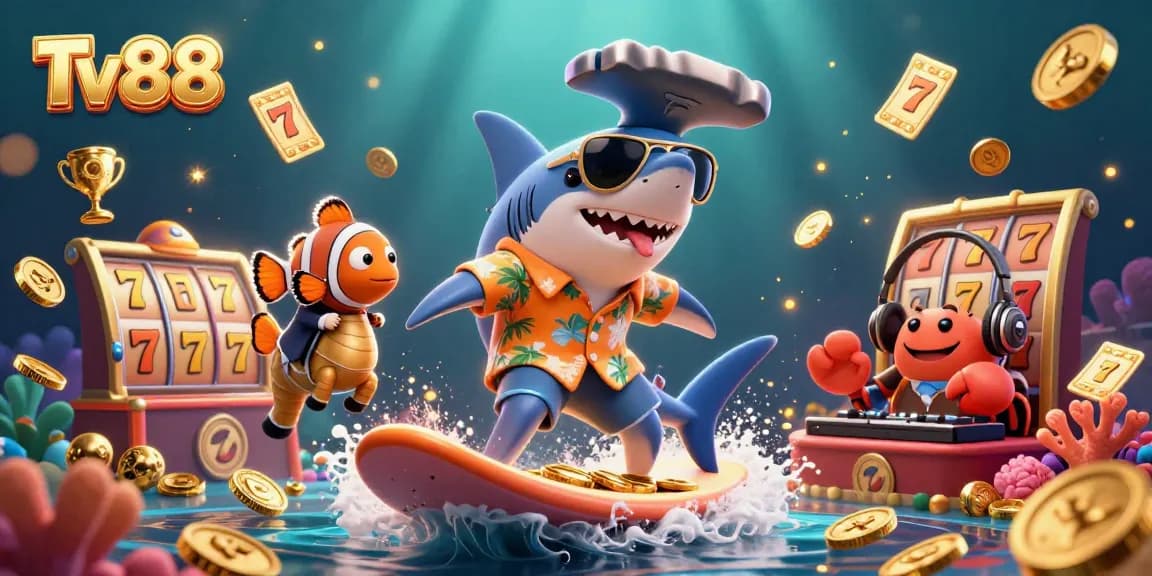 Enjoy the thrilling experience of Tv88 as characters surf on gold coins amidst dynamic slot game elements.